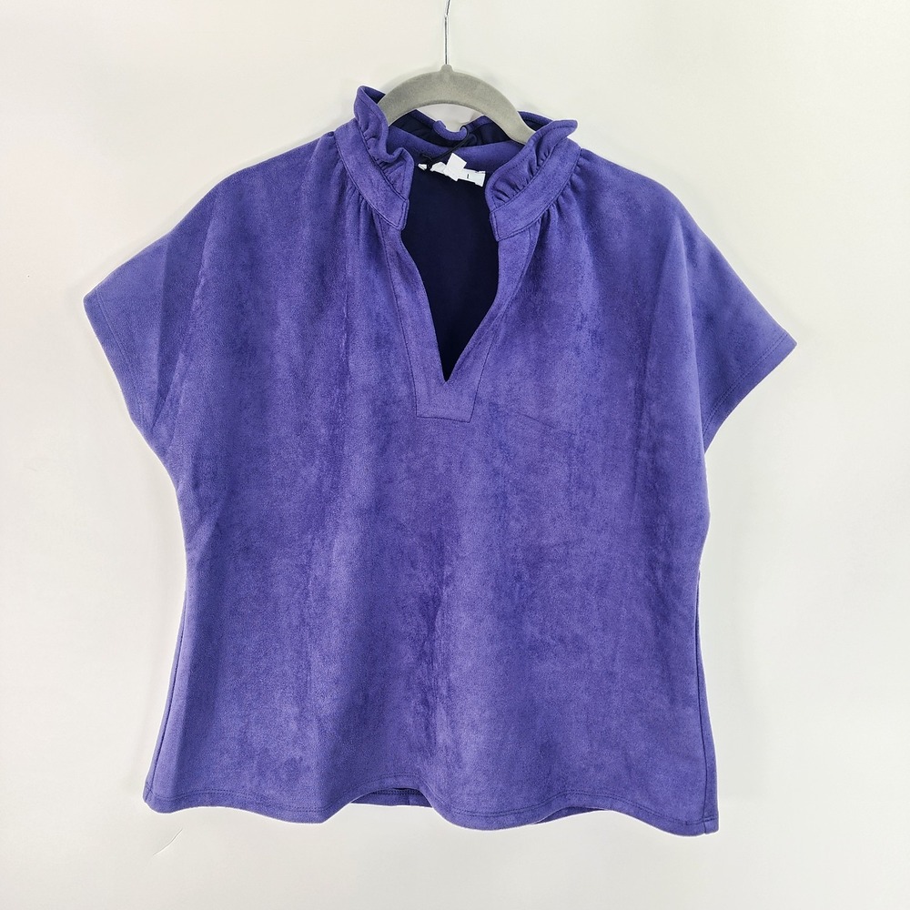 THML Boxy Ruffled Mandarin Collar Top Women's S Purple Suede Like Soft V Neck